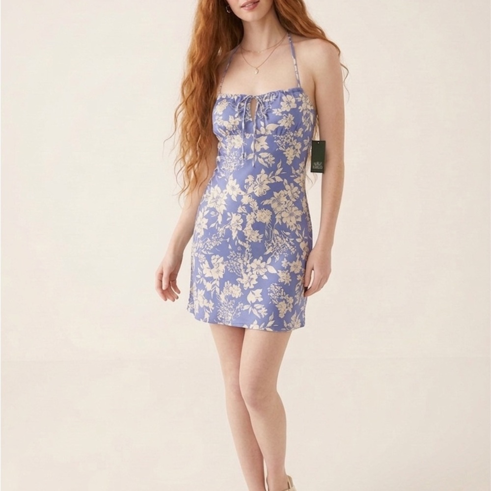 Periwinkle Floral Halter Tie-Back Mini Dress